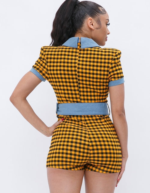 Load image into Gallery viewer, Plaid Print Denim Romper
