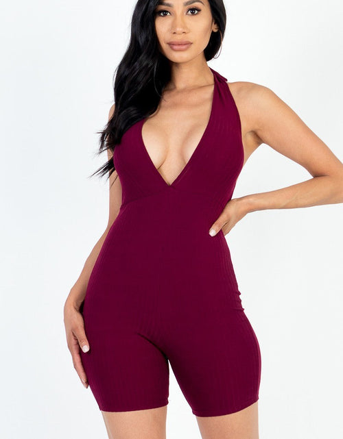 Load image into Gallery viewer, Casual Solid Halter V Neck Ribbed Bodycon Romper
