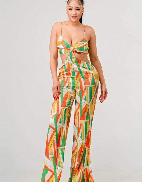 Load image into Gallery viewer, Luxe geo print satin bra top and palazzo jumpsuit
