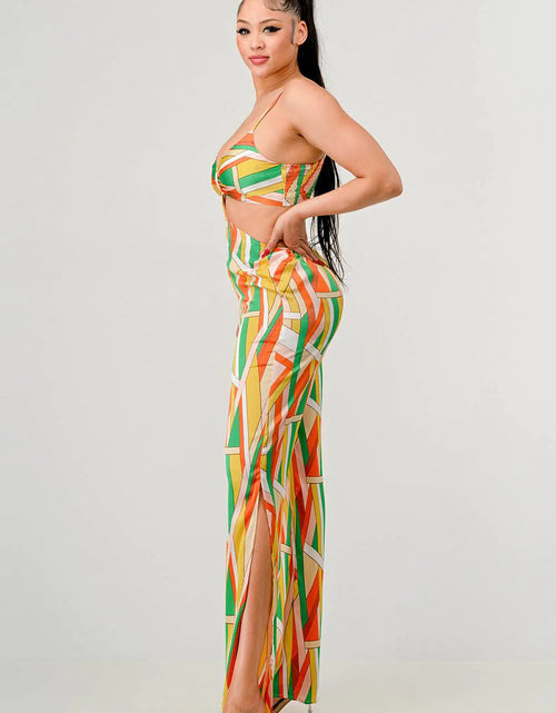 Load image into Gallery viewer, Luxe geo print satin bra top and palazzo jumpsuit
