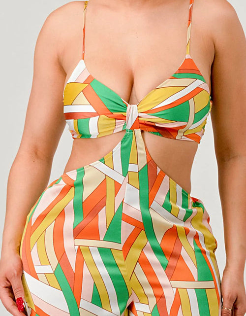 Load image into Gallery viewer, Luxe geo print satin bra top and palazzo jumpsuit
