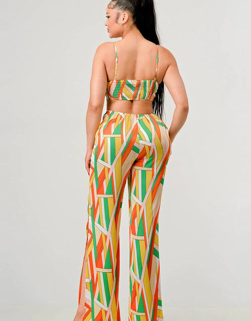 Load image into Gallery viewer, Luxe geo print satin bra top and palazzo jumpsuit
