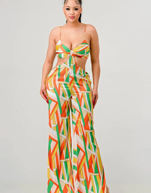 Load image into Gallery viewer, Luxe geo print satin bra top and palazzo jumpsuit
