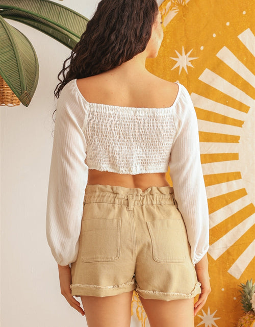 Load image into Gallery viewer, Ivory Puff Long Sleeve Smocked Back Crop Top

