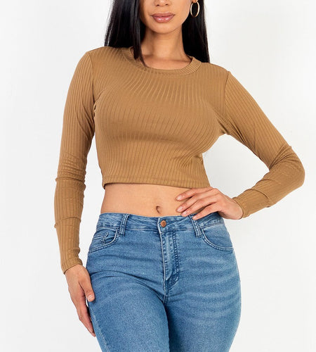 Long Sleeve Round Neck Basic Crop Top