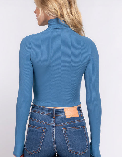 Load image into Gallery viewer, Long Slv Turtle Neck Rib Crop Knit Top
