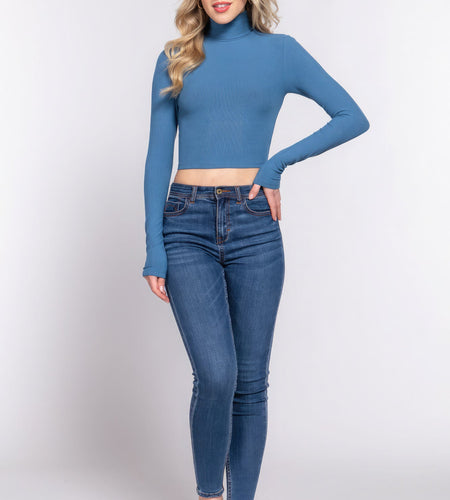 Long Slv Turtle Neck Rib Crop Knit Top