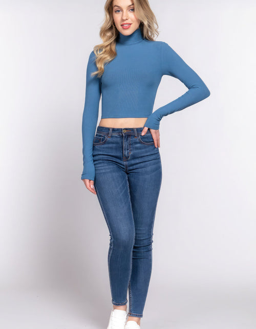 Load image into Gallery viewer, Long Slv Turtle Neck Rib Crop Knit Top
