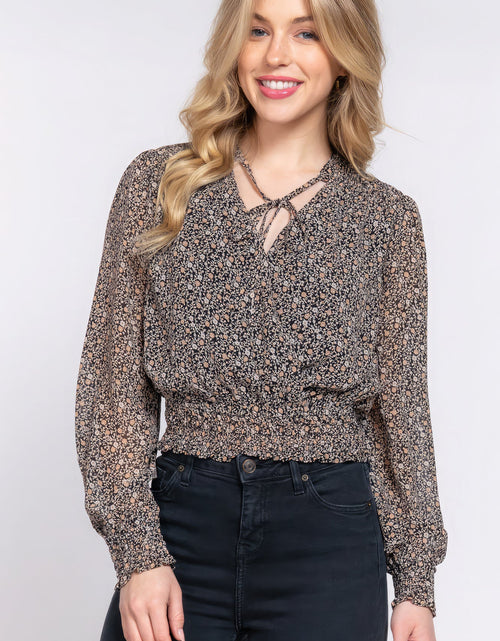 Load image into Gallery viewer, Surplice Smocked Print Chiffon Blouse

