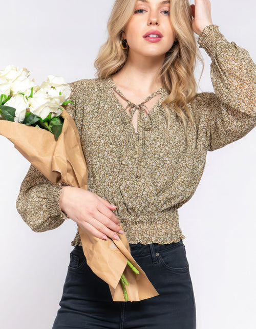 Load image into Gallery viewer, Surplice Smocked Print Chiffon Blouse
