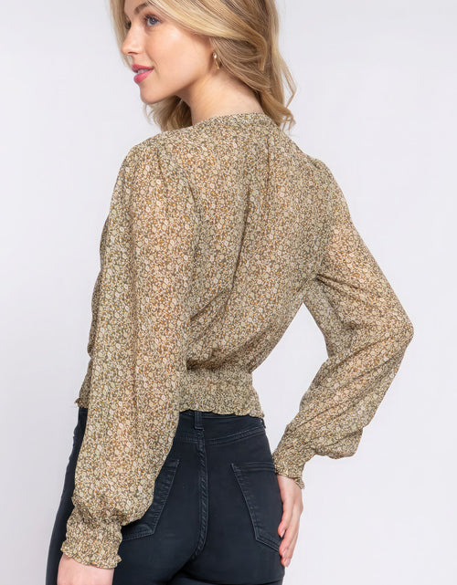 Load image into Gallery viewer, Surplice Smocked Print Chiffon Blouse
