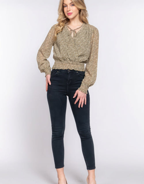 Load image into Gallery viewer, Surplice Smocked Print Chiffon Blouse
