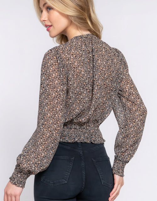 Load image into Gallery viewer, Surplice Smocked Print Chiffon Blouse
