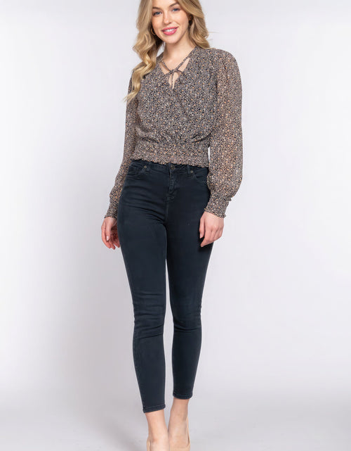 Load image into Gallery viewer, Surplice Smocked Print Chiffon Blouse
