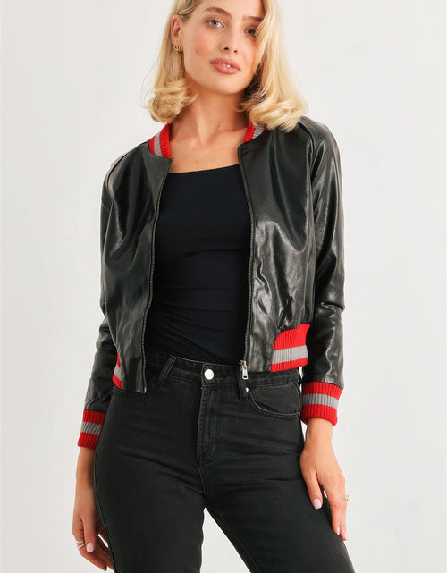 Load image into Gallery viewer, Black &amp; Red Ribbed Vegan Leather Bomber Jacket
