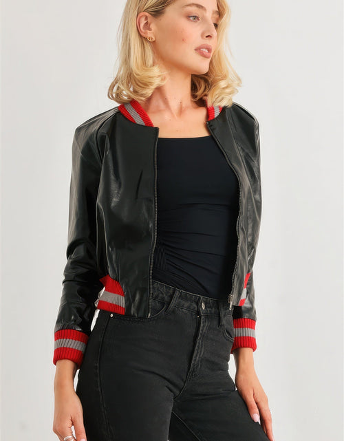 Load image into Gallery viewer, Black &amp; Red Ribbed Vegan Leather Bomber Jacket
