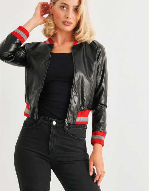 Load image into Gallery viewer, Black &amp; Red Ribbed Vegan Leather Bomber Jacket
