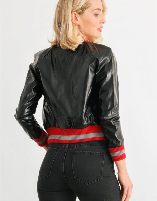Load image into Gallery viewer, Black &amp; Red Ribbed Vegan Leather Bomber Jacket
