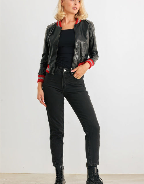 Load image into Gallery viewer, Black &amp; Red Ribbed Vegan Leather Bomber Jacket
