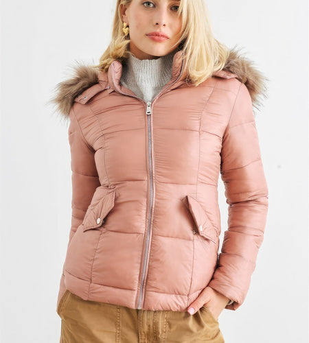 Long Sleeve Faux Fur Hood Padded Water Resistant Finish Jacket