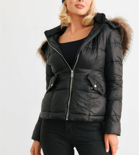 Long Sleeve Faux Fur Hood Padded Water Resistant Finish Jacket