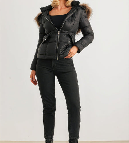 Long Sleeve Faux Fur Hood Padded Water Resistant Finish Jacket
