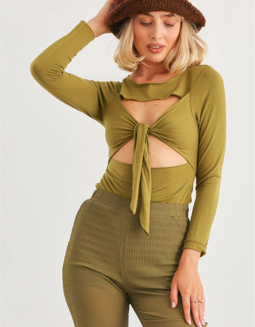 Load image into Gallery viewer, Green Cut-out Tie Knit Long Sleeve Bodysuit

