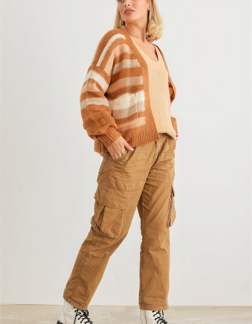 Load image into Gallery viewer, Camel Striped Crochet Knit Two Pocket Open Front Cardigan
