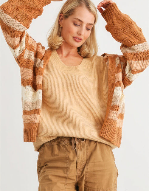 Load image into Gallery viewer, Camel Striped Crochet Knit Two Pocket Open Front Cardigan
