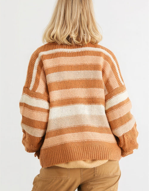 Load image into Gallery viewer, Camel Striped Crochet Knit Two Pocket Open Front Cardigan
