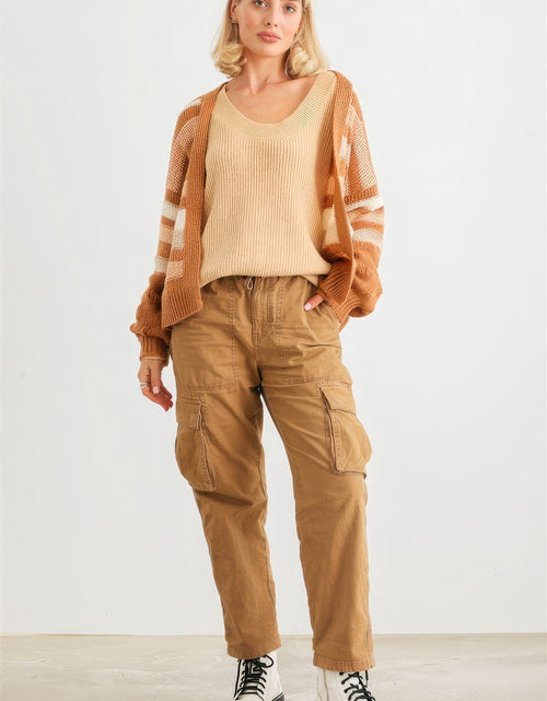 Load image into Gallery viewer, Camel Striped Crochet Knit Two Pocket Open Front Cardigan
