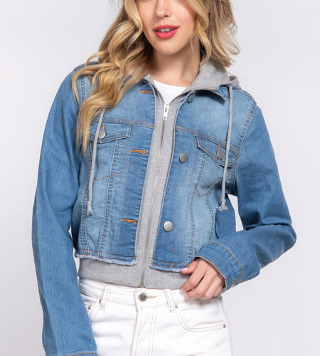 Long Slv Terry Hoodie Denim Jacket