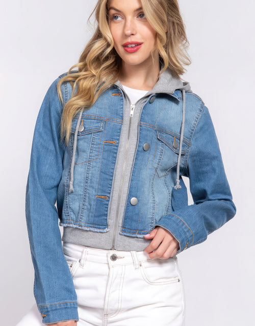Load image into Gallery viewer, Long Slv Terry Hoodie Denim Jacket

