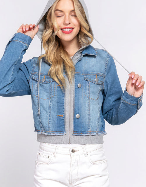 Load image into Gallery viewer, Long Slv Terry Hoodie Denim Jacket
