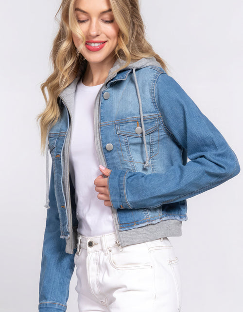 Load image into Gallery viewer, Long Slv Terry Hoodie Denim Jacket
