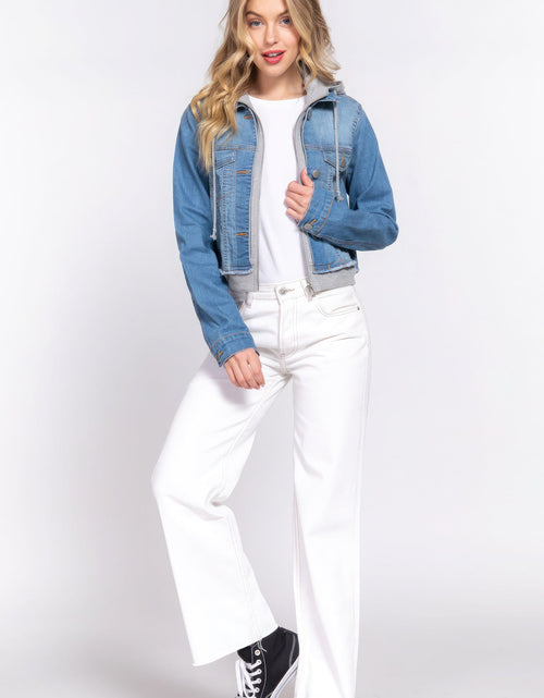 Load image into Gallery viewer, Long Slv Terry Hoodie Denim Jacket
