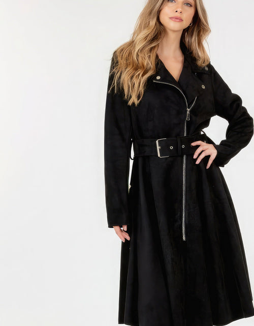 Load image into Gallery viewer, Waist Belt Tacked Faux Suede Coat Solid Coat

