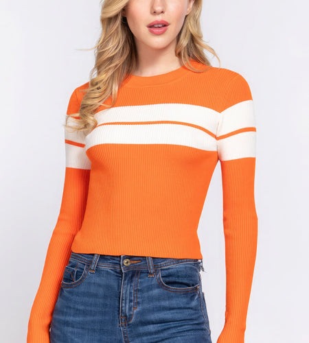 Long Slv Stripe Rib Sweater