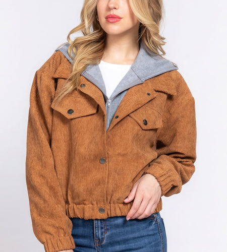 Long Slv Hoodie Corduroy Jacket