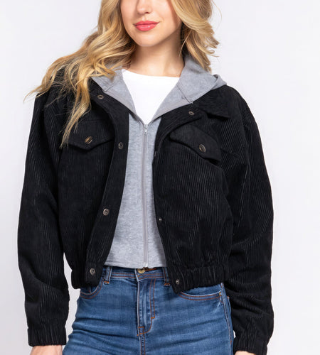 Long Slv Hoodie Corduroy Jacket
