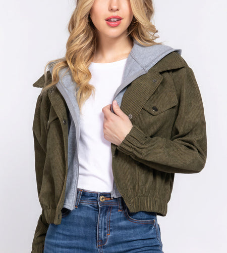 Long Slv Hoodie Corduroy Jacket