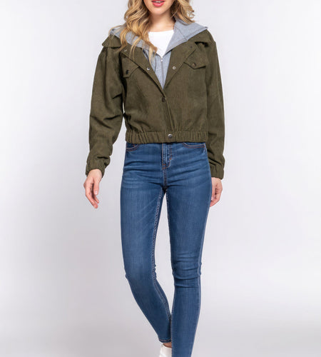 Long Slv Hoodie Corduroy Jacket