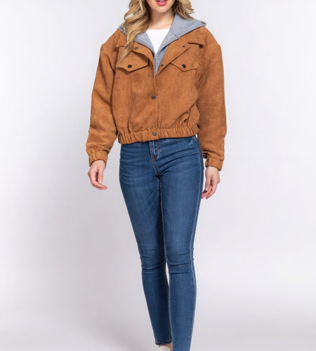 Long Slv Hoodie Corduroy Jacket
