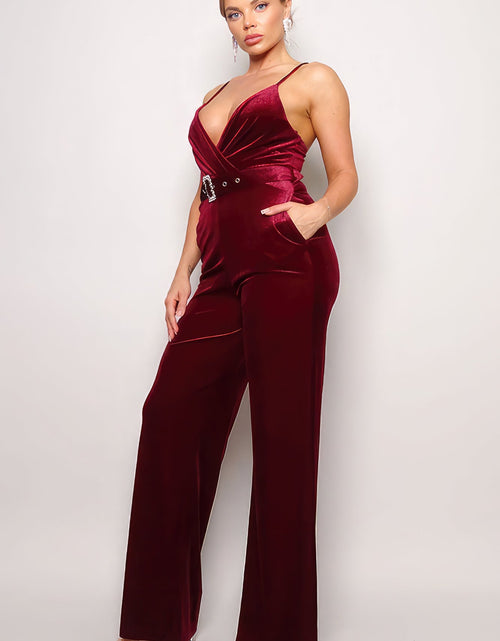 Load image into Gallery viewer, Samba Rhinestone Belt Velvet Jumpsuit
