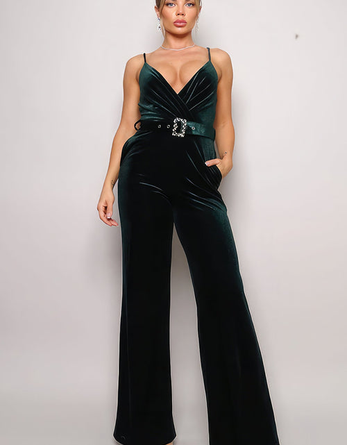 Load image into Gallery viewer, Samba Rhinestone Belt Velvet Jumpsuit
