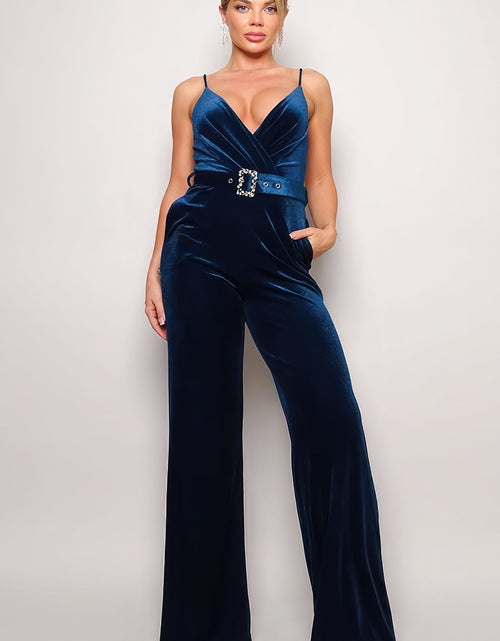 Load image into Gallery viewer, Samba Rhinestone Belt Velvet Jumpsuit
