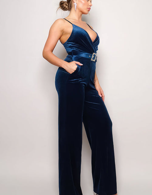 Load image into Gallery viewer, Samba Rhinestone Belt Velvet Jumpsuit
