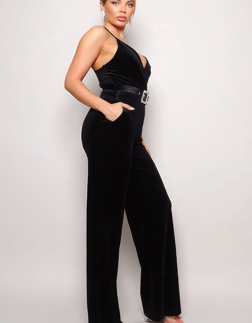 Load image into Gallery viewer, Samba Rhinestone Belt Velvet Jumpsuit
