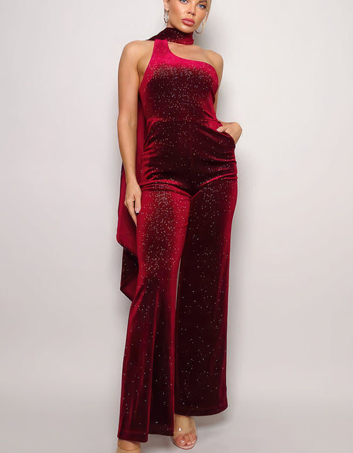 Load image into Gallery viewer, Scarf Top Glitter Velvet Jumpsuit
