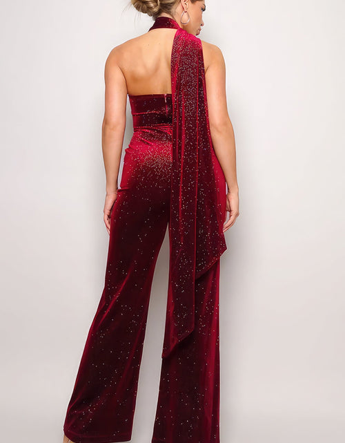 Load image into Gallery viewer, Scarf Top Glitter Velvet Jumpsuit
